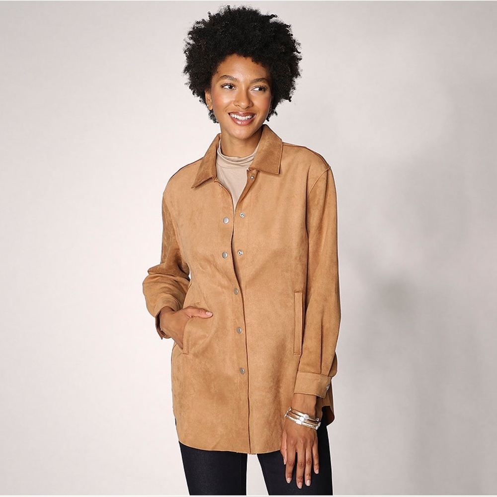 Wynne Layers Stretch Faux Suede Shirt Jacket | Camel Tan | Size Large - Picture 2 of 9